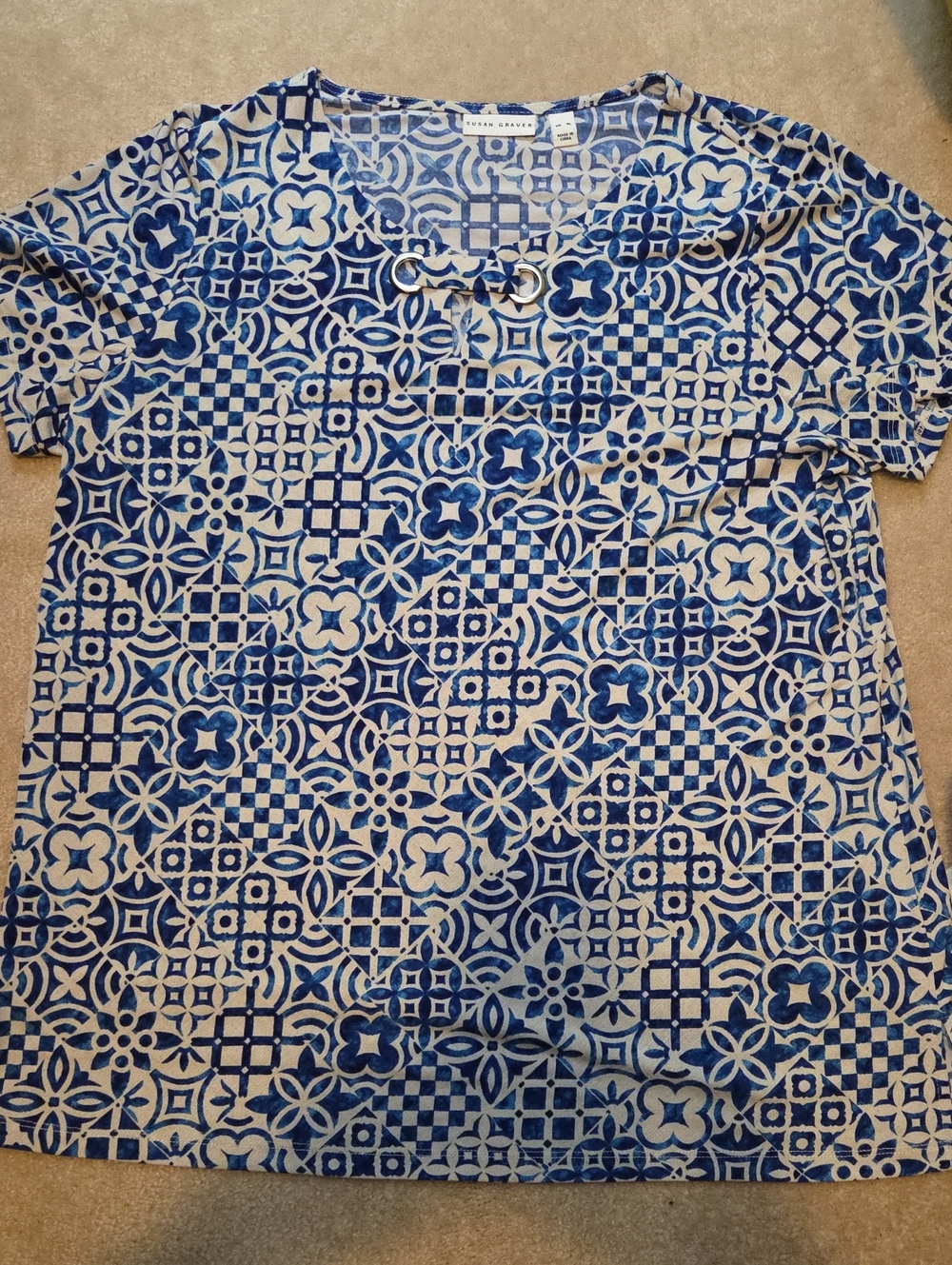 Susan Graver Blue and White Tile-Print Short Sleeve Top
